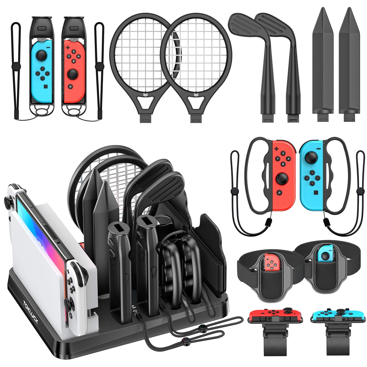 Switch Sports Accessories Kit with Storage Station - Compatible with Switch/OLED & Joy-con, Ideal for Family Sports Party Game Storage and Organization Wii U PS3 Interactive Gaming Figures
