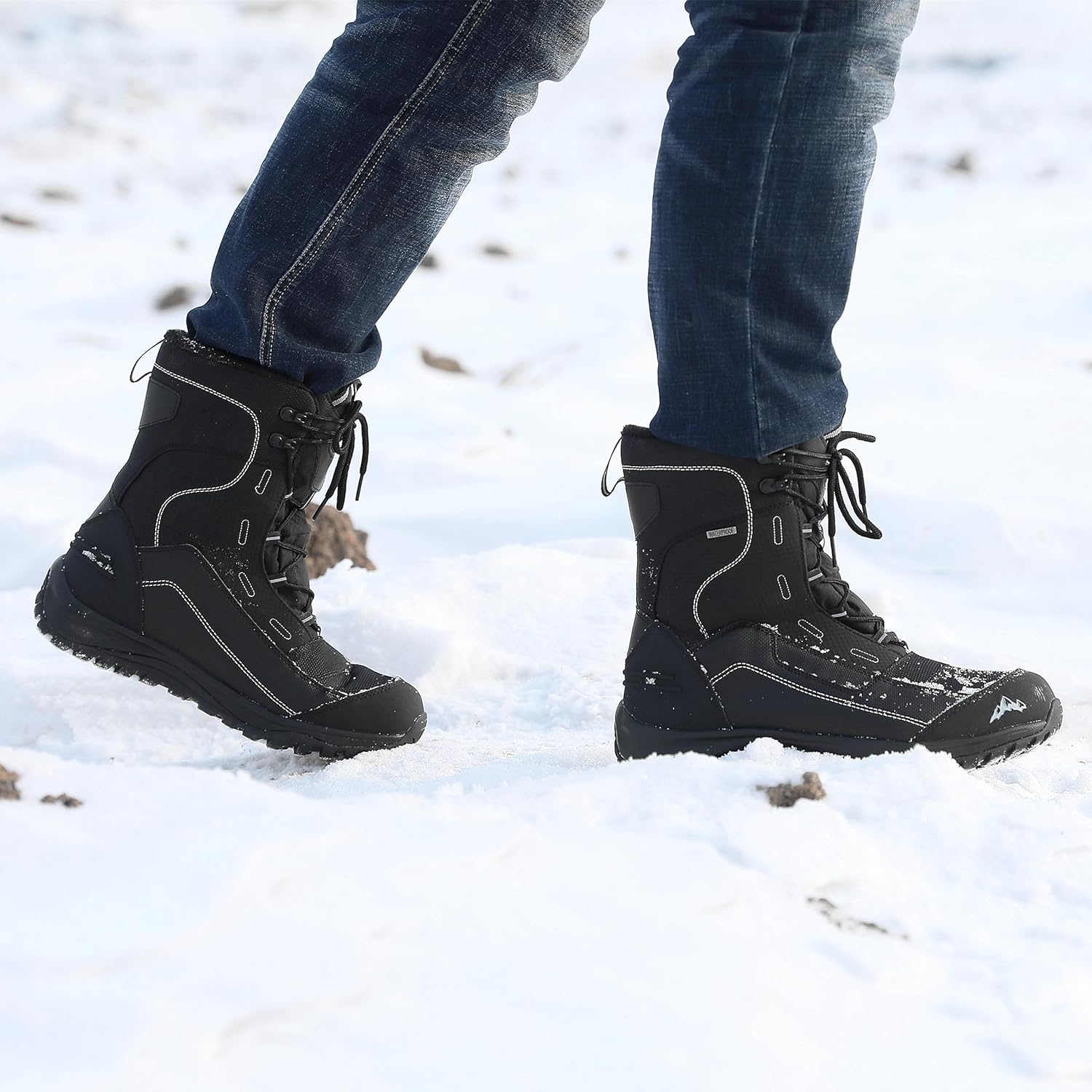 ROCKMARK Men's Winter Snow Boots Outdoor Warm Mid Calf Waterproof Durable Boot Non-Slip Warm Climbing Shoes