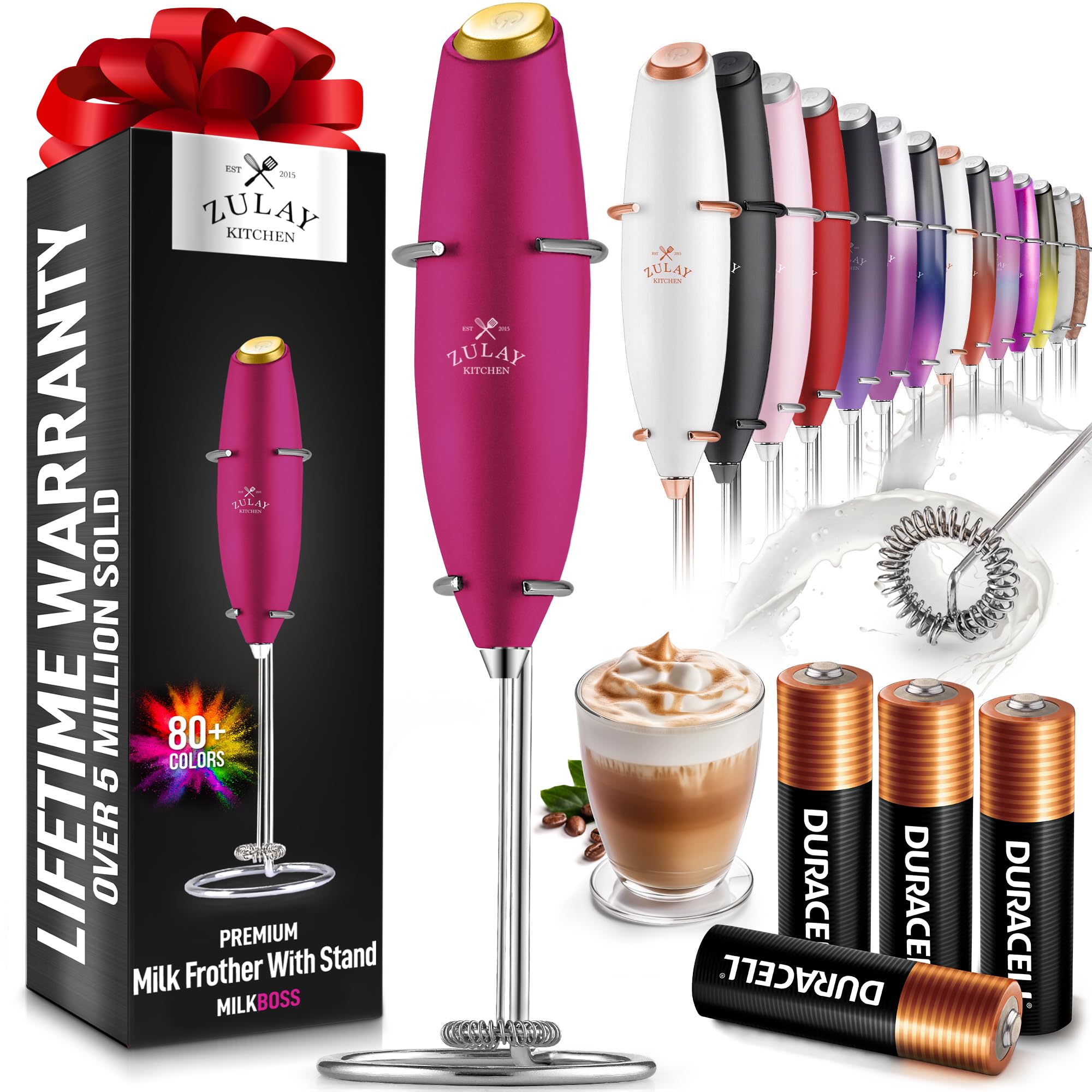 Zulay Kitchen Powerful Milk Frother Wand With 2 Duracell Batteries - Ultra Fast Handheld Drink Mixer - Electric Whisk Foam Maker for Coffee, Lattes, Cappuccino, Matcha, Hot Chocolate & Creamer - Black
