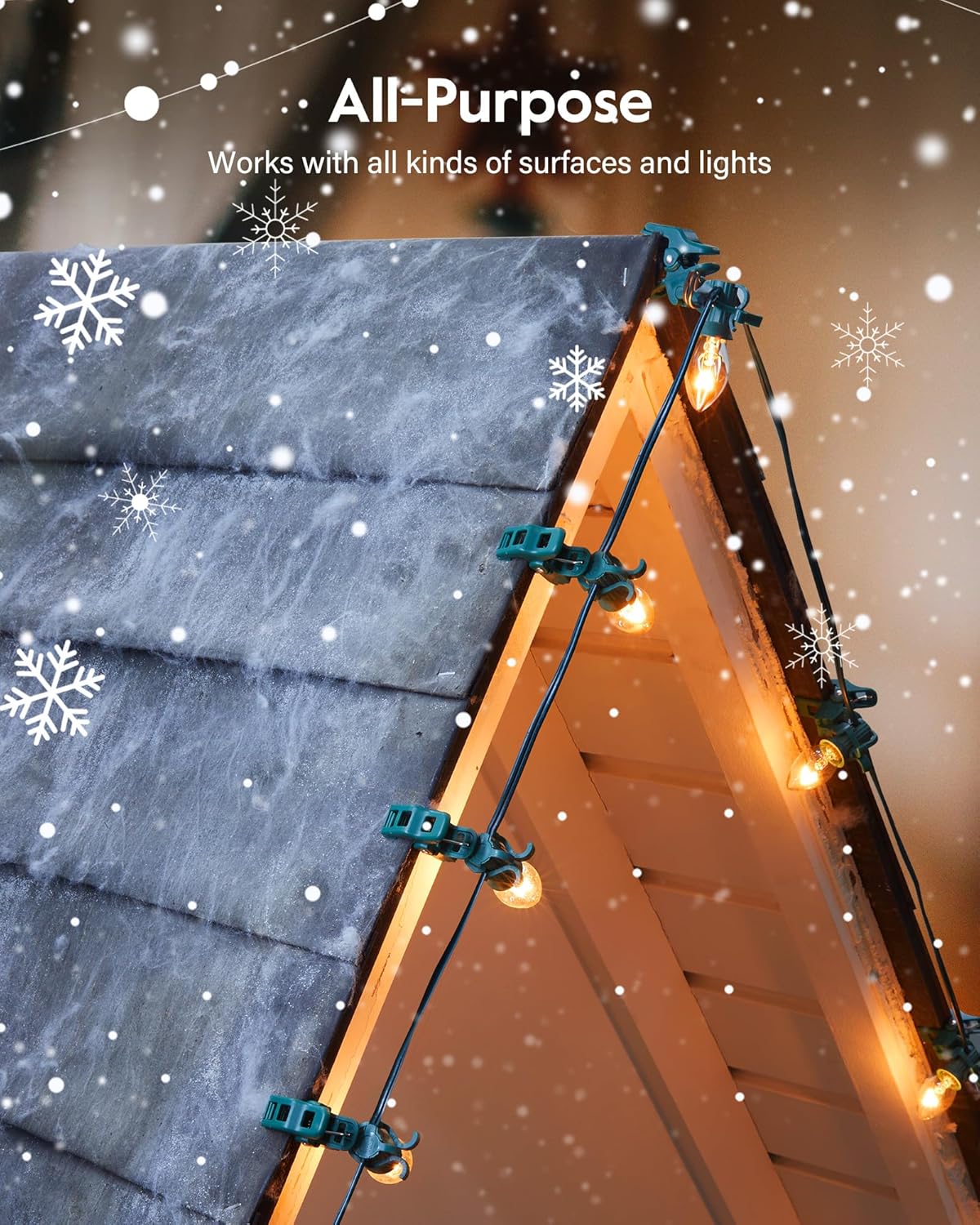 C7 C9 Christmas Lights Universal Spring Clips, 100 Count Quick Spring Clips for Holiday Light Decorations, Shatterproof Shingle and Gutter Clips for E12 E17, Metal Surface Roof Fence Railing Gates