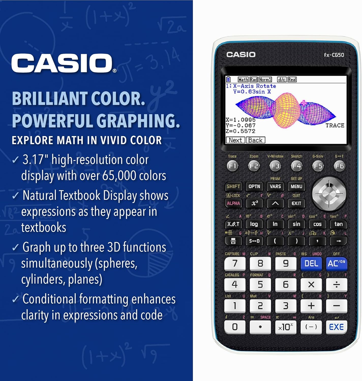 Casio fx-CG50 PRIZM® – Color Graphing Calculator with 3D Graph & Python | Large High-Res Display, Basic & Advanced Functions | Ideal for Exams, STEM, Programming & Advanced Math