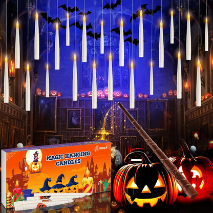 Floating Candles with Wand Remote, 20 Pcs Magic Halloween Hanging Candles, Flickering Warmer Light Flameless LED Candles with DIY Sticker, Battery Operated Halloween Decorations Gifts Indoor (20)