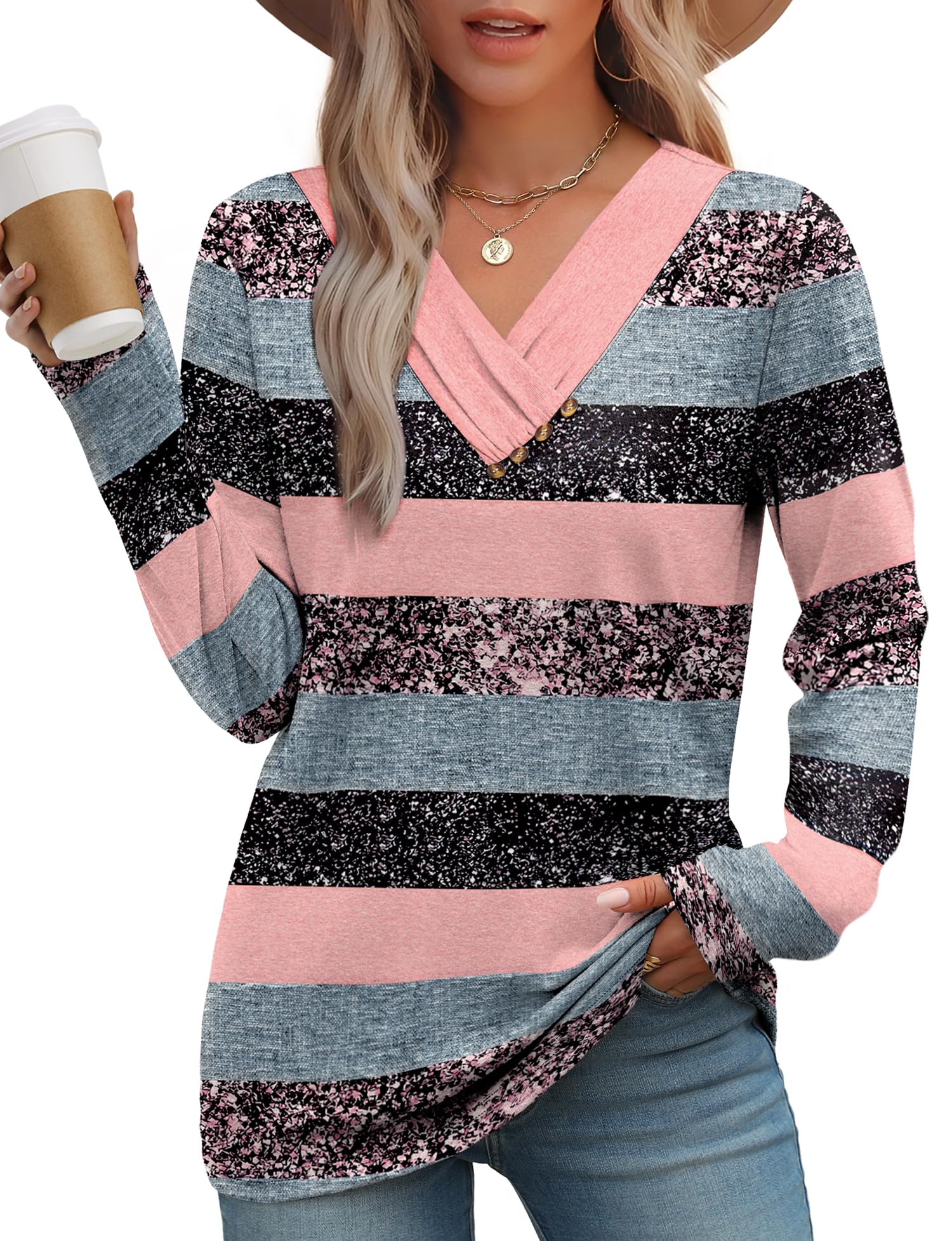 WIHOLL Long Sleeve Shirts for Women Fall Outfits V Neck T Shirts Button Down Tunic Tops Fashion Clothing