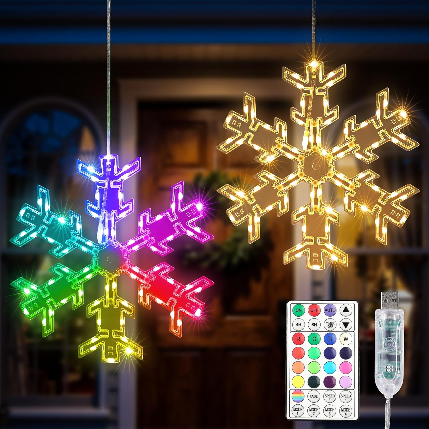 BrizLabs 2 Pack Christmas Window Lights with Remote, 61 Modes, Warm & Cool White & RGB Color Changing 12" Foldable Snowflake Hanging Christmas Lights for Xmas Indoor Outdoor Wall Door Fireplace Decor