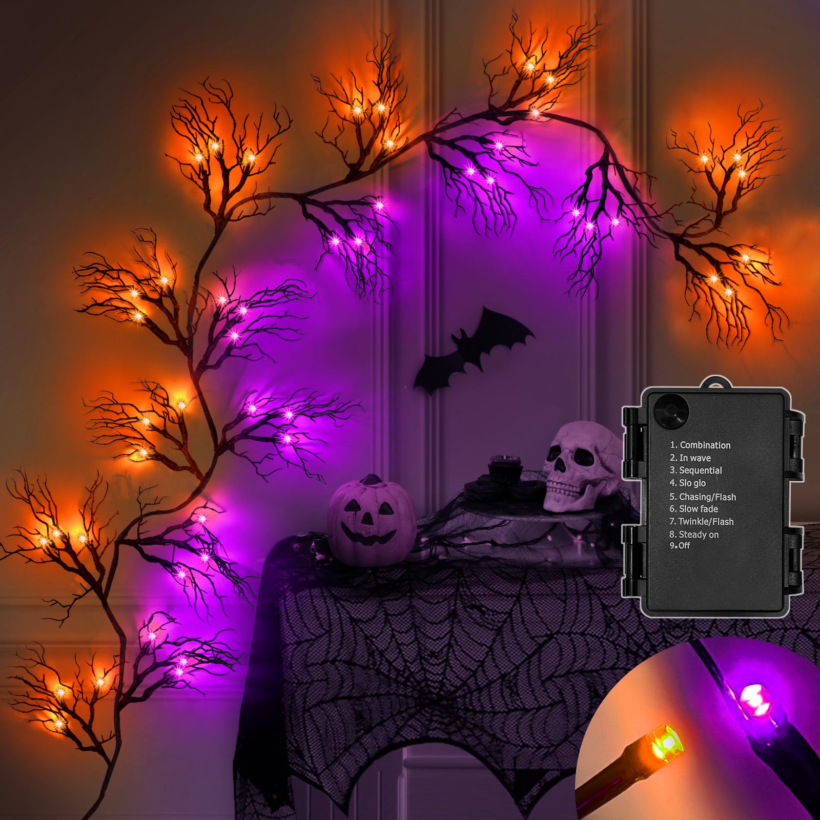 [ 8 Modes & Timer ] 6 Ft 45 LED Halloween Willow Vine Twig Garland Decorations with 15 Pumpkins Orange Lights, Battery Operated Waterproof Halloween Decorations for Home Wall Mantle Fireplace Decor