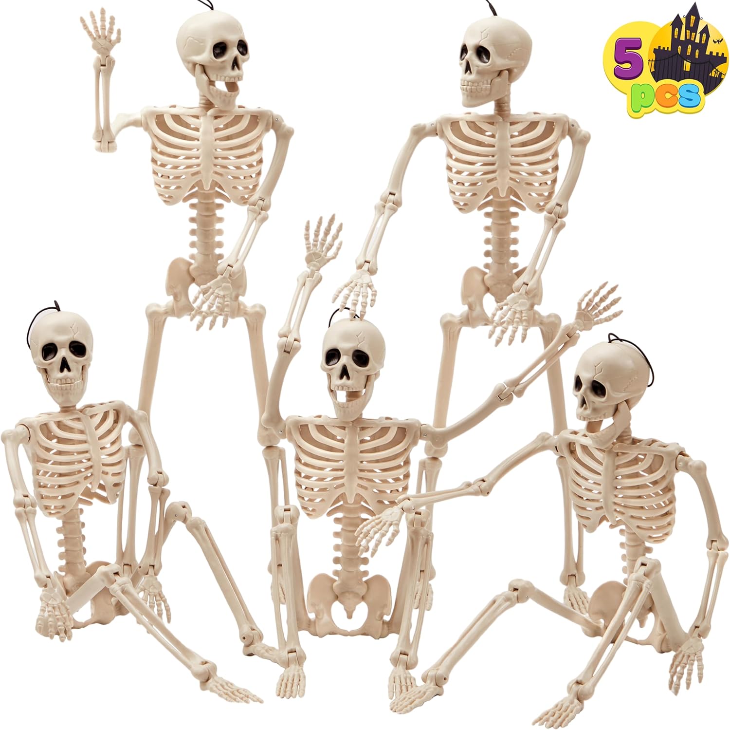 JOYIN 5 PCS Posable Halloween Skeleton Decor 16 Inches, Full Body Posable Joints Hanging Skeletons for Halloween Decorations, Graveyard Props, Haunted House Accessories, Spooky Scene Party Favors