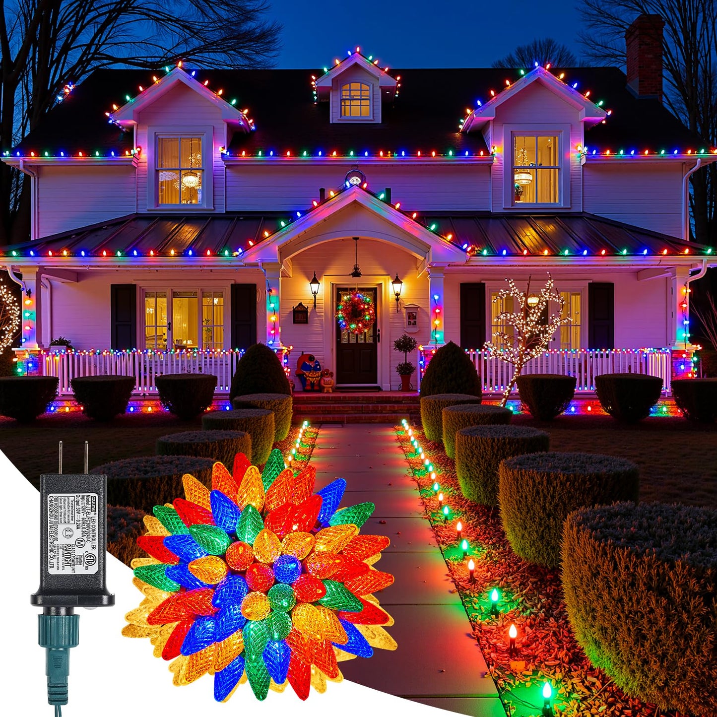 C9-Christmas-Lights-Outdoor,85FT 110LED String Lights with 8 Lighting Mode,Waterproof Connectable UL Certified Warm White C9-Led-Christmas-Light-Decorations for House Yard Patio Roof Garden Decor