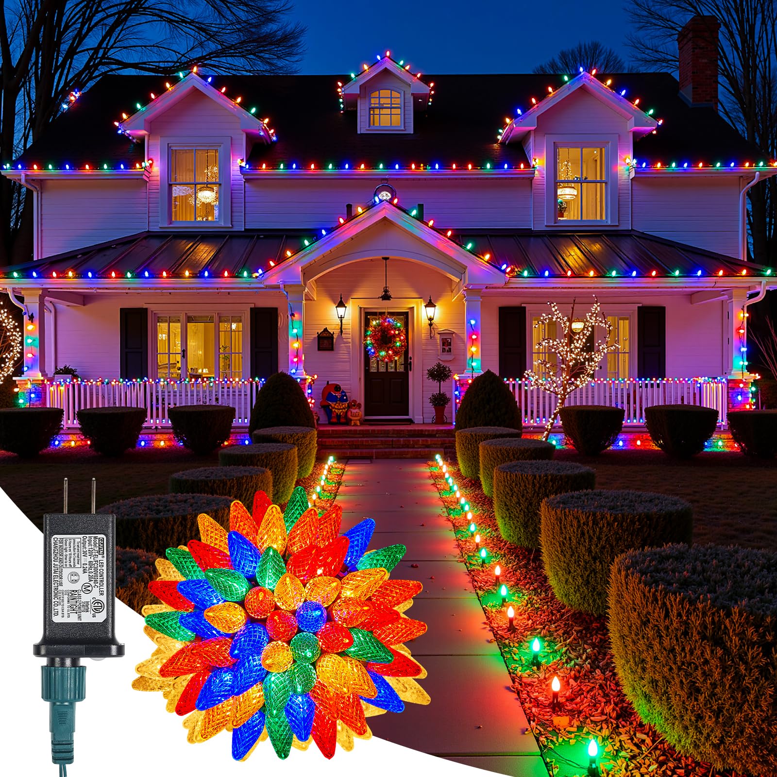 C9-Christmas-Lights-Outdoor,85FT 110LED String Lights with 8 Lighting Mode,Waterproof Connectable UL Certified Warm White C9-Led-Christmas-Light-Decorations for House Yard Patio Roof Garden Decor