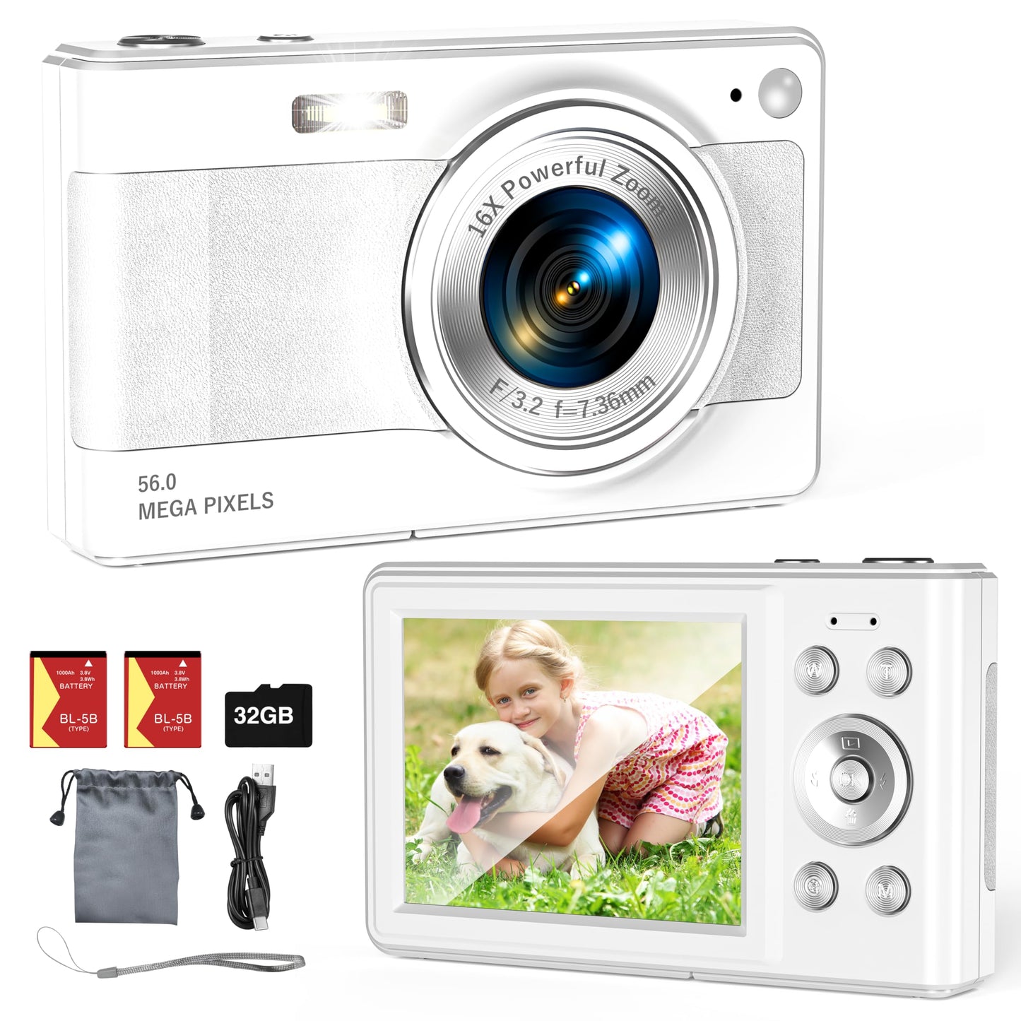 Upgrade Digital Camera, 56MP FHD 1080P Camera for Kids with 16x Zoom Anti Shake, Kid Camera with 32GB TF Card, Two Batteries, Lanyard, Compact Small for Kids Boys Girls（Black）