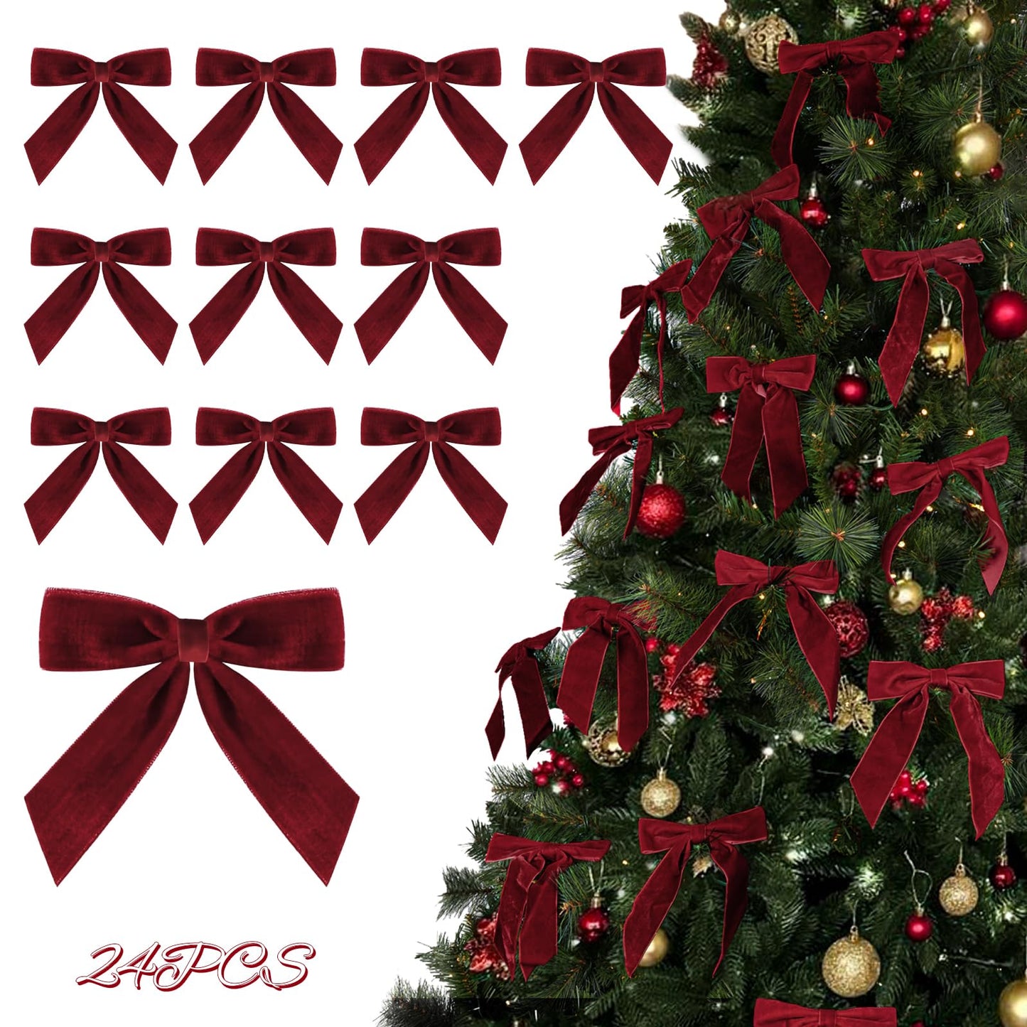 Christmas Decorations - Christmas Bows - 24 Pcs 7 x 6 inch Medium Red Velvet Bows for Christmas Tree - Burgundy Xmas Ribbon Ornaments - Home Decor for Wreath Garland Gift Wrapping Crafts Wedding Party