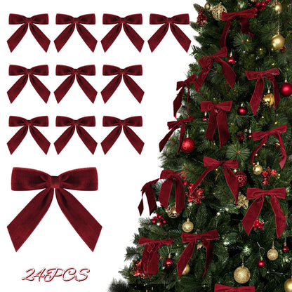 Christmas Decorations - Christmas Bows - 24 Pcs 7 x 6 inch Medium Red Velvet Bows for Christmas Tree - Burgundy Xmas Ribbon Ornaments - Home Decor for Wreath Garland Gift Wrapping Crafts Wedding Party