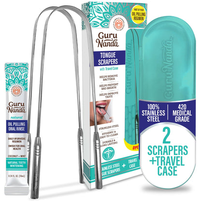 GuruNanda Tongue Scraper for Adults (2 Pack) with Travel Case, 420 Medical-Grade 100% Stainless Steel Tongue Cleaner, Aids in Fresh Breath & Oral Care