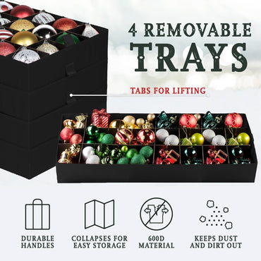 Christmas Ornament Storage Container,Box Stores Up to 128-3 inch ornaments, Adjustable Dividers, Large Organizer Bin to Protect and Store Holiday Décor - Black