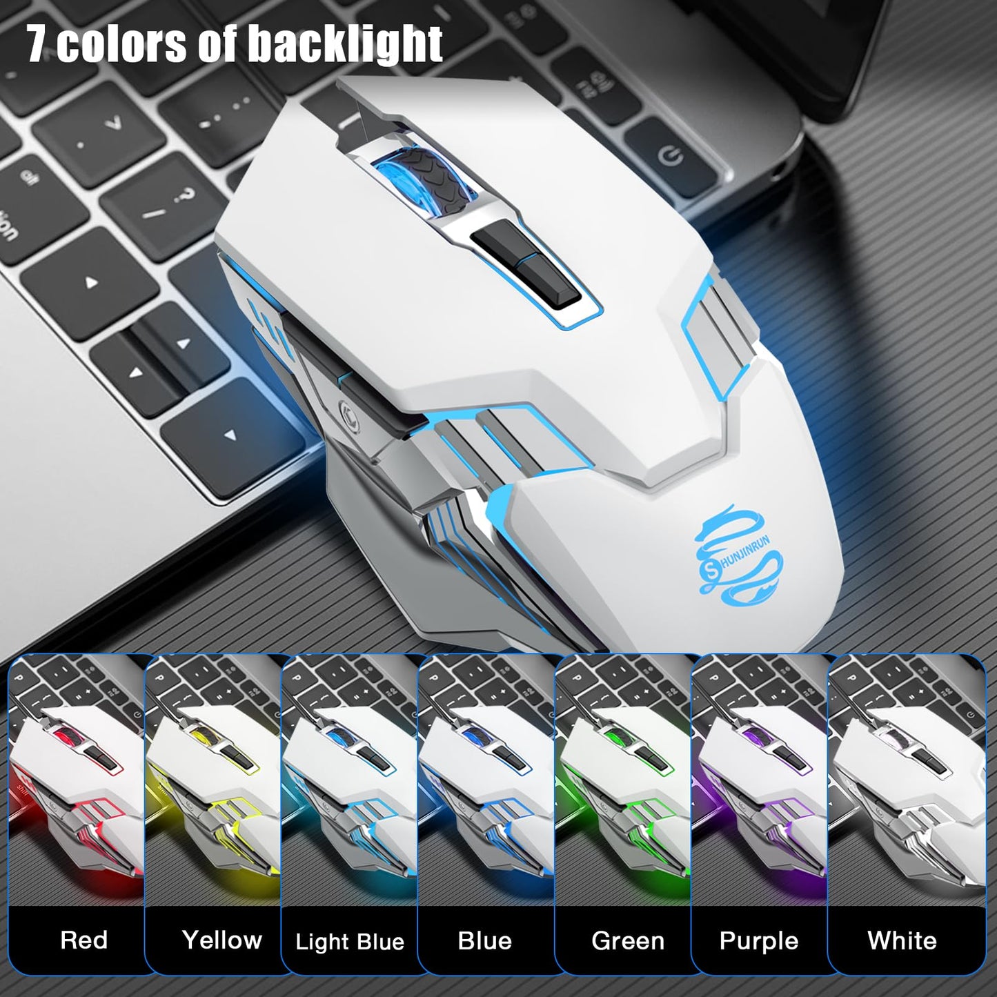 Bluetooth Gaming Mouse, RGB Rechargeable USB Wireless Mouse, Quiet Click, LED Backlit, Ergonomic, with Side Button, 6 Button, DPI Adjustable, Computer Mice for Laptop PC MacBook Chromebook - Grey