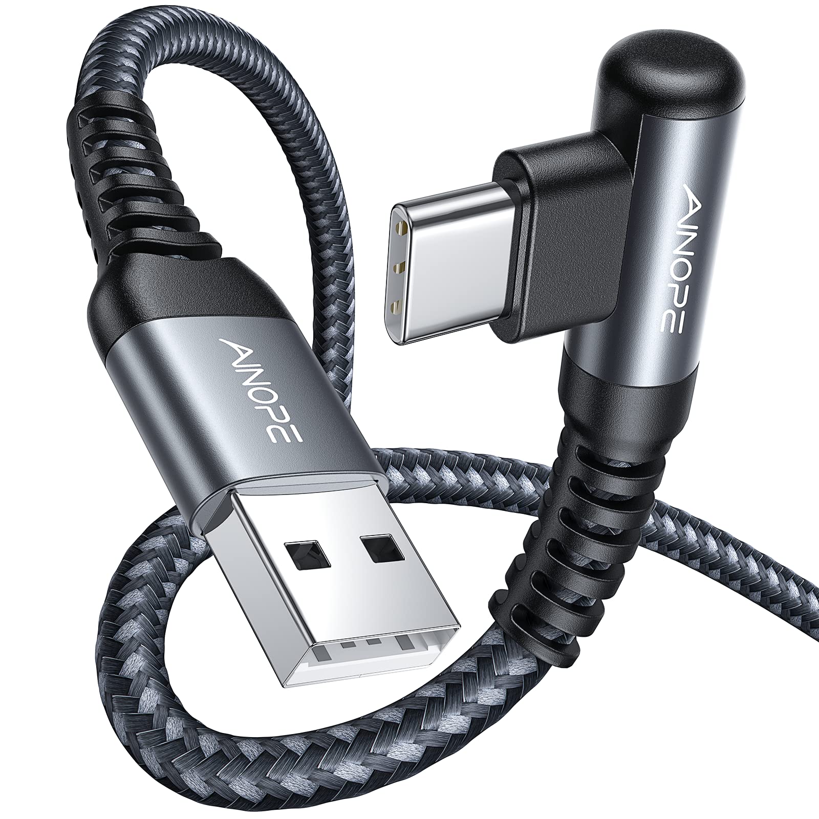 AINOPE USB C Cable [2-Pack, 6.6ft] 3.1A Type C Charger Fast Charging, Right Angle USB to USB C Cable Braided USBC Charger for Galaxy S10+ S10 S9, Note 10 9, LG V30, Moto, iPhone 16 15 Cord Type C