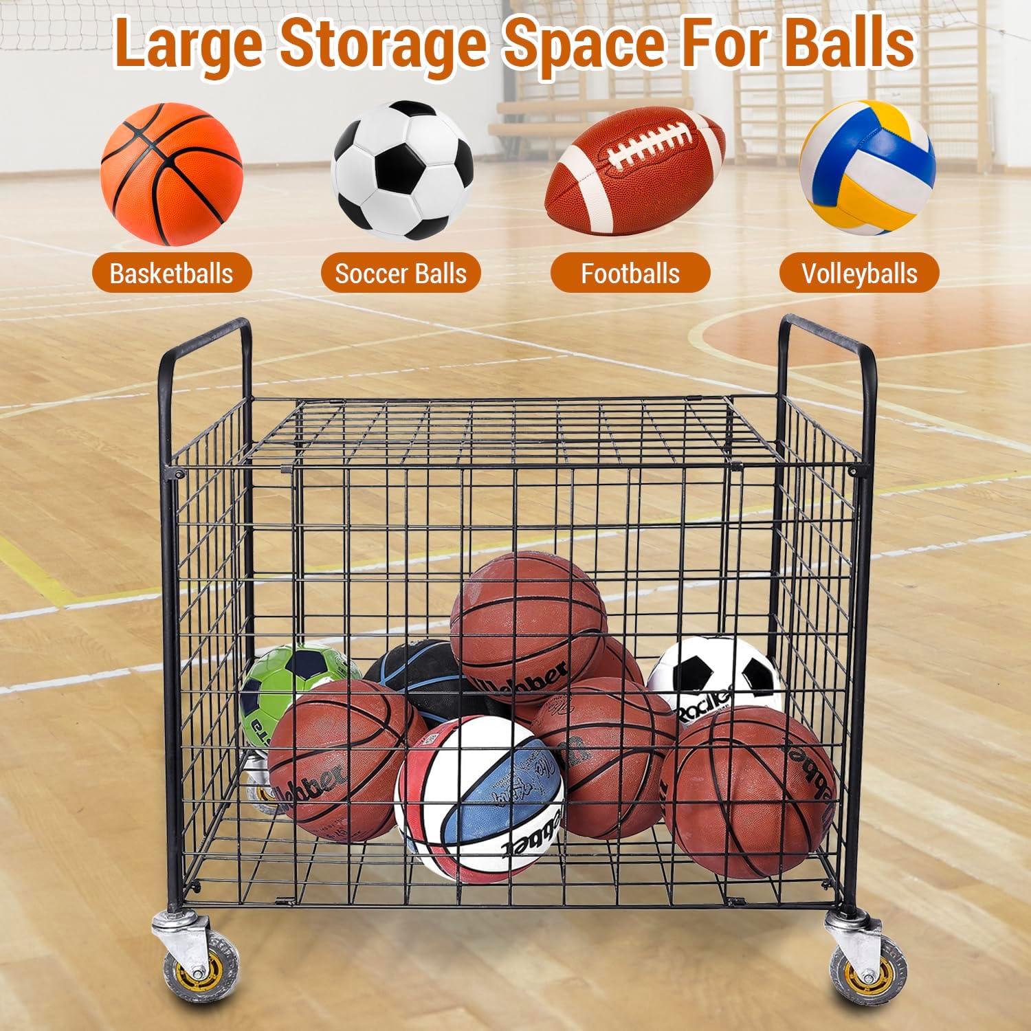 MyGift Professional Gym Metal Multi Sports Ball Storage Cart with Jumbo Industrial Wheels, Commercial Grade Portable Equipment Locker Cage for Basketball, Football, Soccer, Volleyball