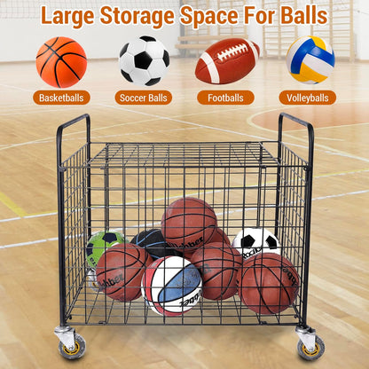 MyGift Professional Gym Metal Multi Sports Ball Storage Cart with Jumbo Industrial Wheels, Commercial Grade Portable Equipment Locker Cage for Basketball, Football, Soccer, Volleyball