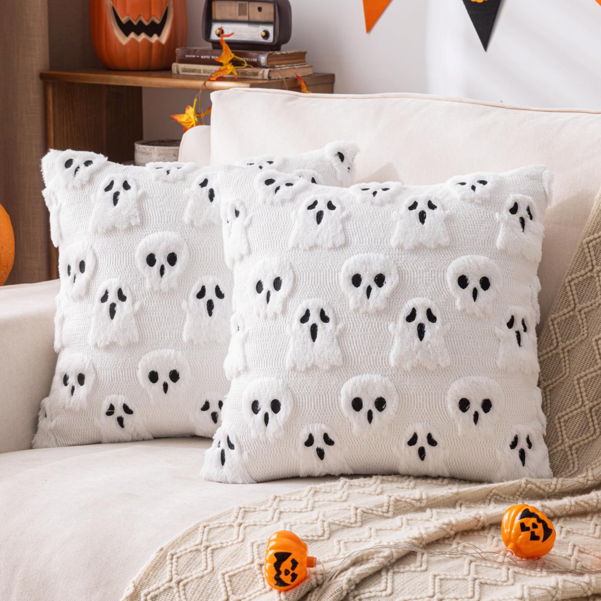 AQOTHES Halloween White Smile Ghost Throw Pillow Covers 18x18 inch Set of 2, Cute Skeleton Pillowcases Holiday Cushions Covers for Halloween Decorations Indoor Home Sofa Couch