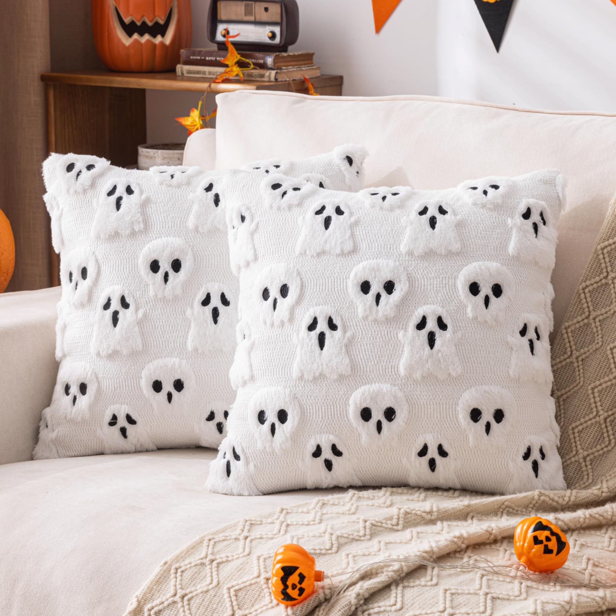 AQOTHES Halloween White Smile Ghost Throw Pillow Covers 18x18 inch Set of 2, Cute Skeleton Pillowcases Holiday Cushions Covers for Halloween Decorations Indoor Home Sofa Couch