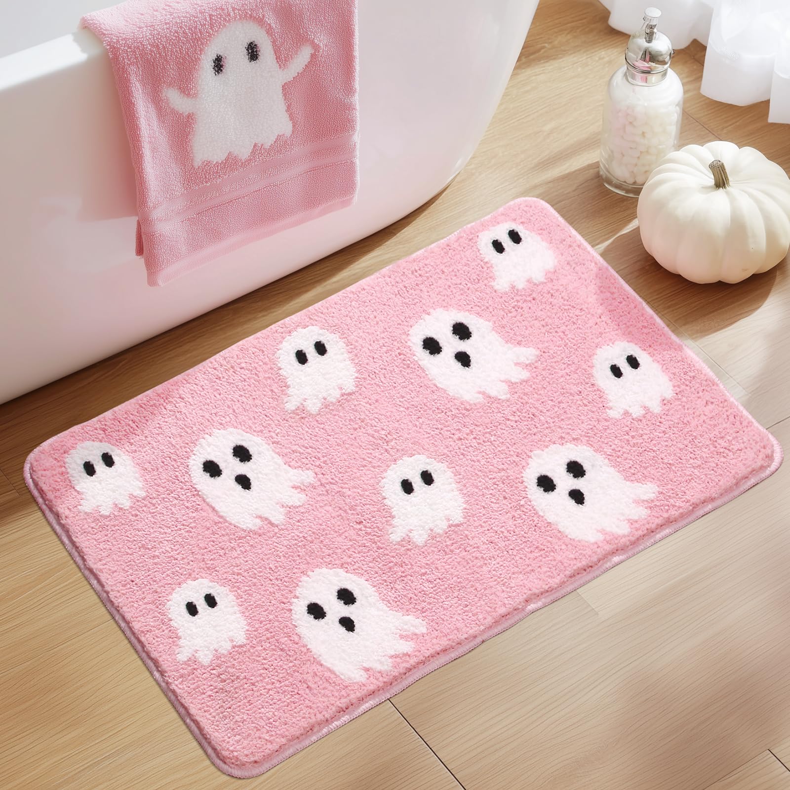 Black Halloween Bath Mat – Cute Ghost Decor Mat Non-Slip Black Bathroom Rug Soft Spooky Bath Rug for Shower, Bedroom, Living Room