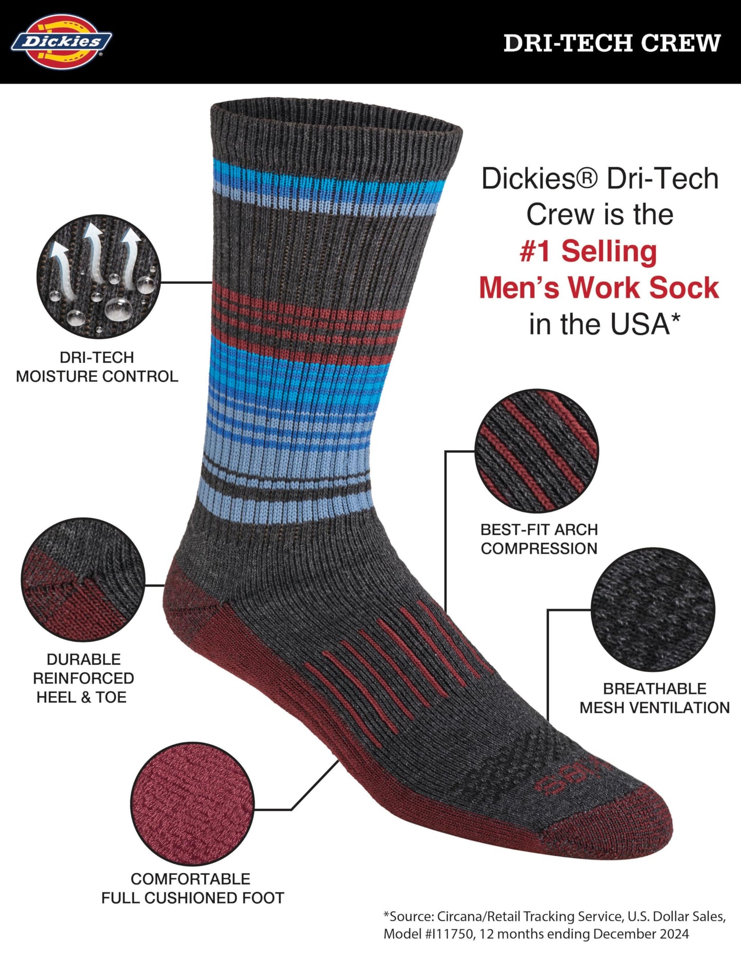 Dickies Men's Dri-Tech Original Moisture Control Crew Socks, Available in M-XXL (6, 12, 18 Pairs)