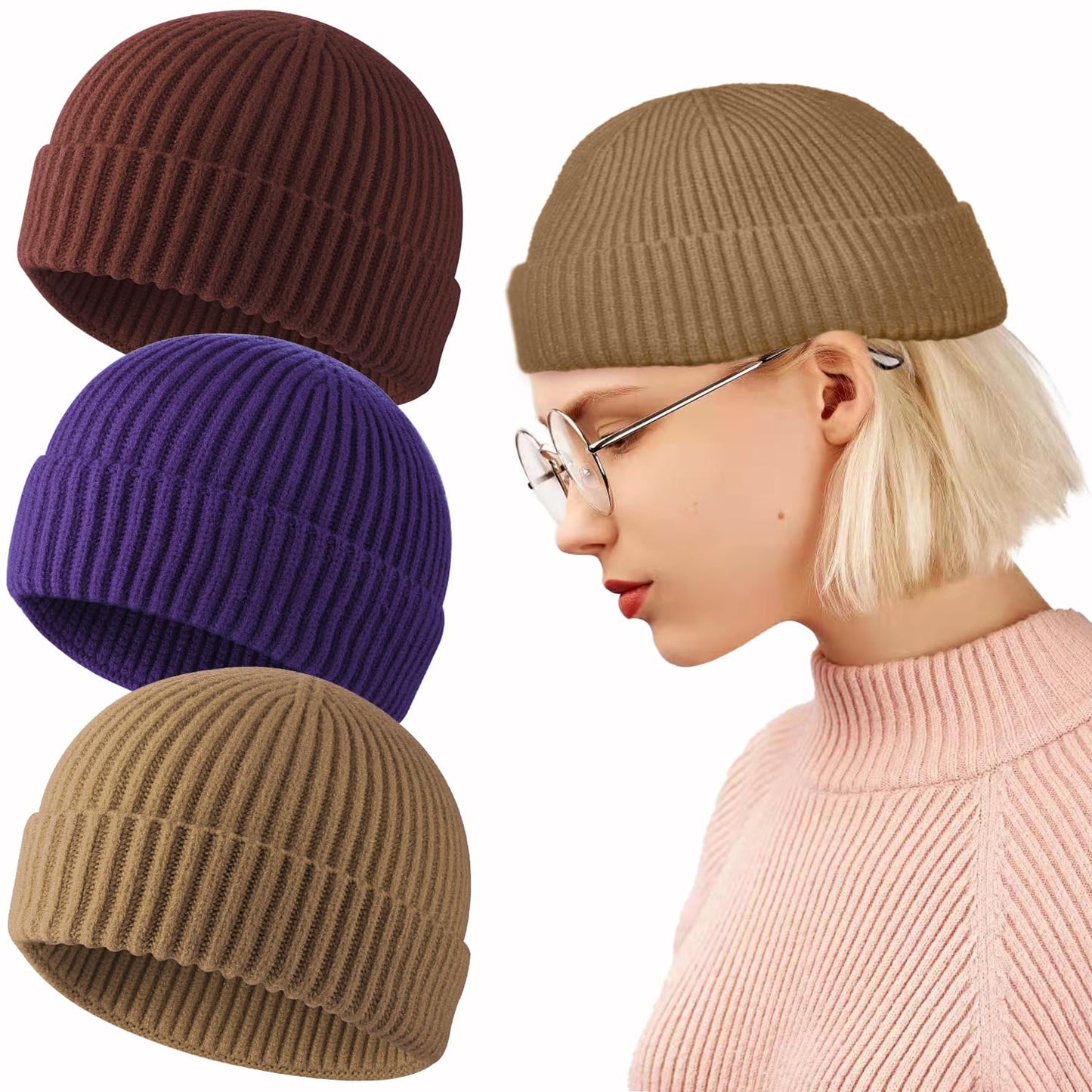 ROYBENS Swag Wool Knit Cuff Short Fisherman Beanie for Men Women, Winter Warm Hats