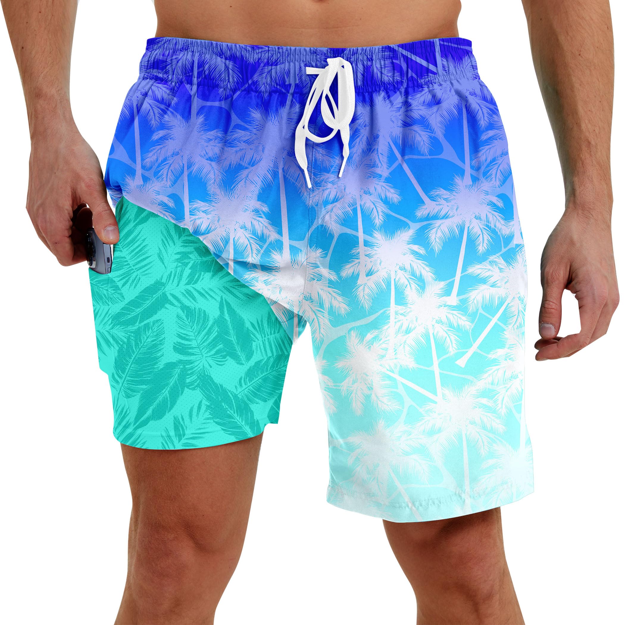 Men Swim Trunks with Compression Liner Men's 2 in 1 Bathing Suits 7 Inch Hawaiian Board Shorts