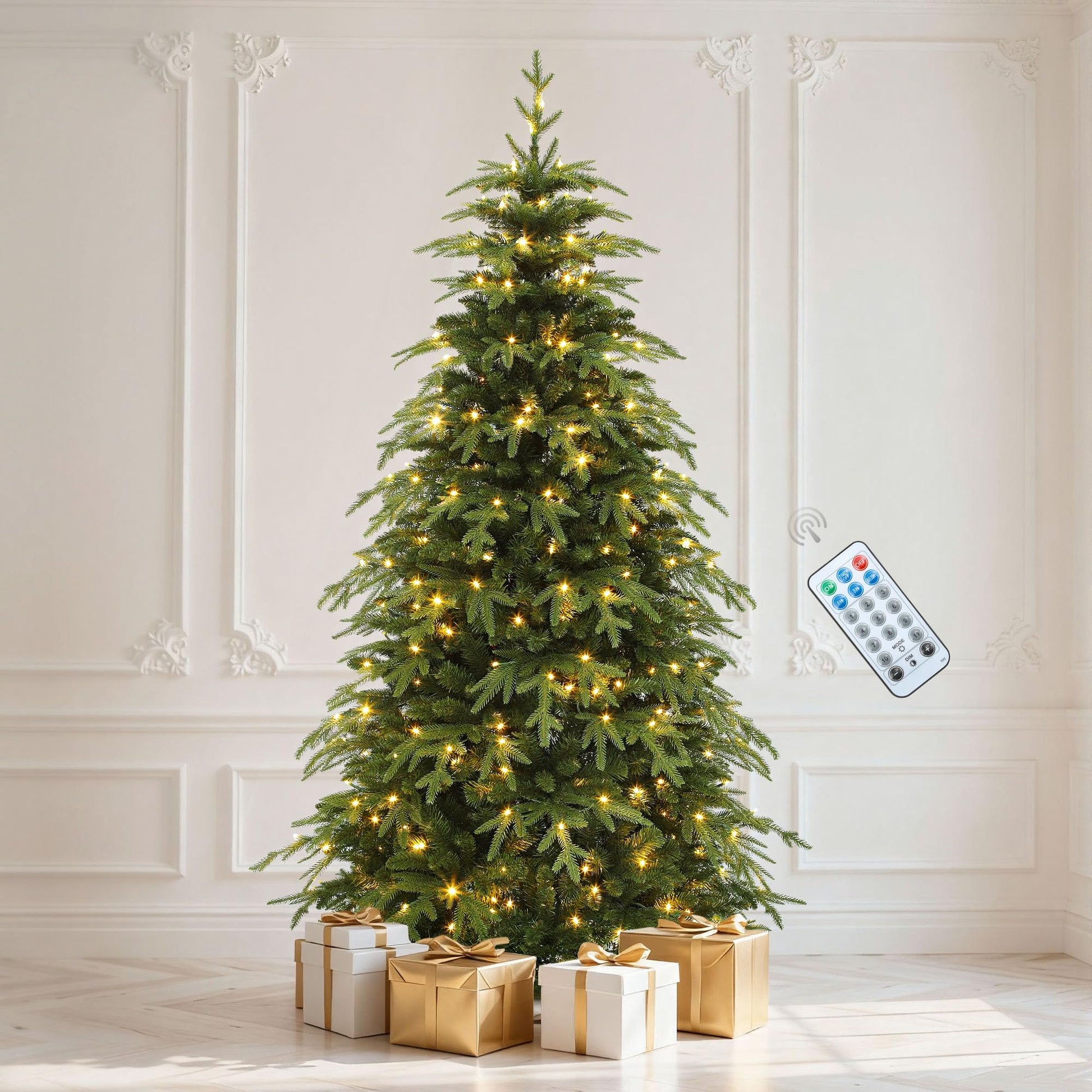 DWVO Prelit Christmas Tree 6ft with 56 Pine Cones & White Pine Needle, Atificial Tree with 250 LED Lights, Full Green Xmaxs Trees with 946 Metal Hinged Branch Tips & Stand Remote Controlled