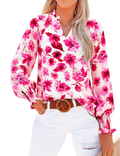 MASCOMODA Womens V Neck Floral Long Sleeve Tops 2025 Summer Casual Loose Puff Sleeve Chiffon Boho Work Blouse Dressy T Shirts