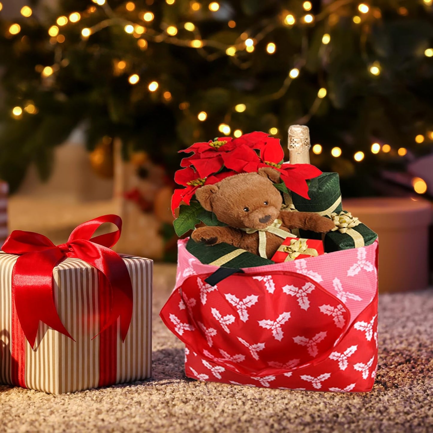 BeeGreen Christmas Reusable Gift Bags,6 Pack Large Holiday Tote Foldable Cloth Bag for Women, Cute Grocery Storage for Xmas Gifts Market Shopping, Washable Collapsible Reusable Bags with Handles​