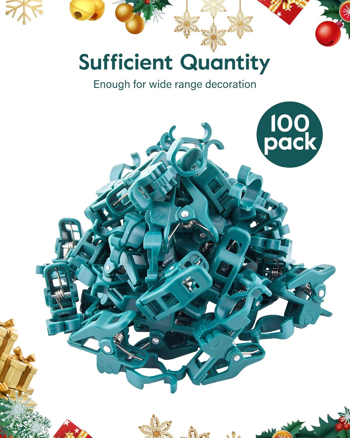 C7 C9 Christmas Lights Universal Spring Clips, 100 Count Quick Spring Clips for Holiday Light Decorations, Shatterproof Shingle and Gutter Clips for E12 E17, Metal Surface Roof Fence Railing Gates