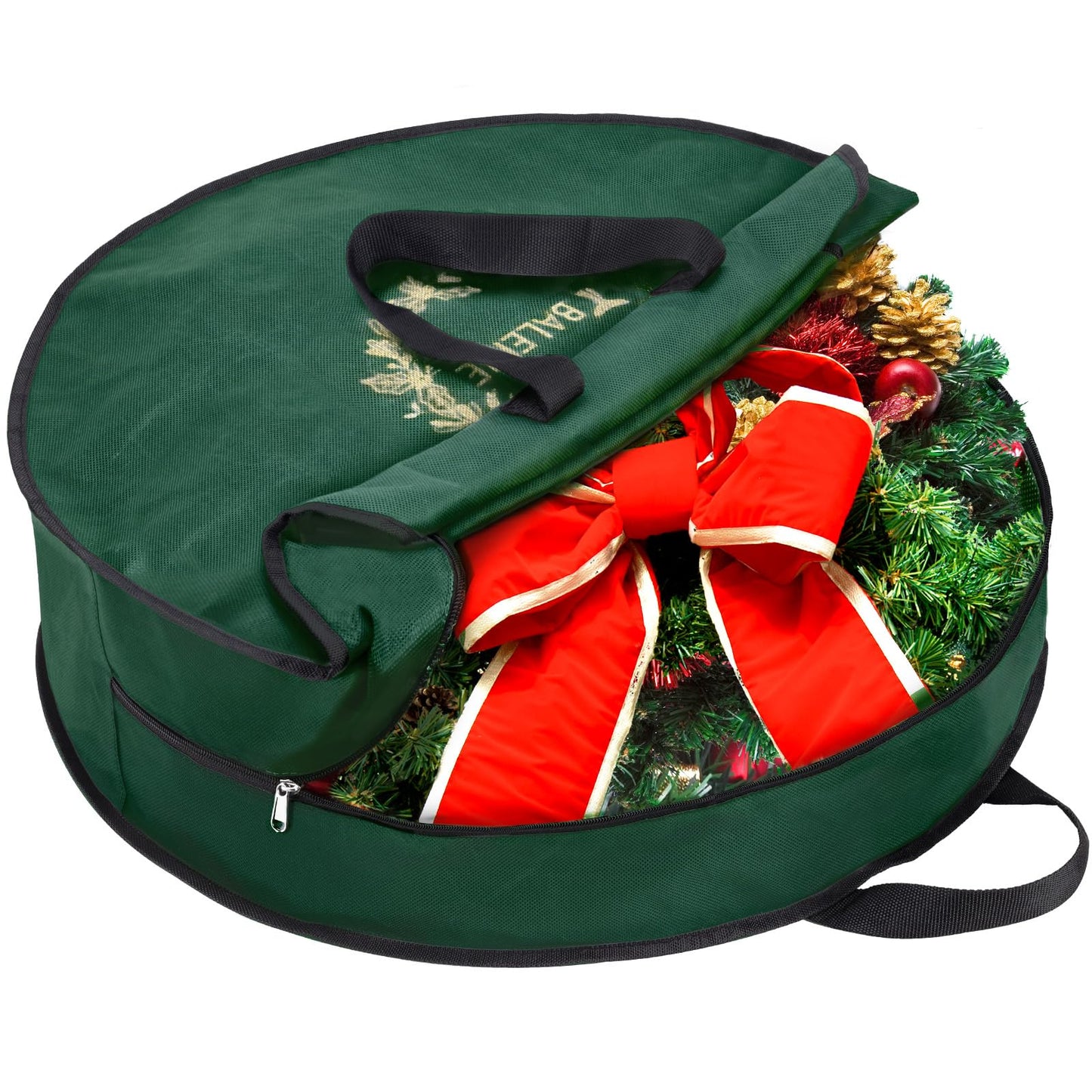BALEINE 1 Pack Wreath Storage Container, Christmas Wreath Storage Bag with Reinforced Handle for Holiday Xmas (Green, 24"X8")