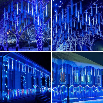 2 Pack Extendable Christmas Lights Decorations Outdoor, 16 Tubes 384 LEDs Meteor Shower Lights with Timer Cascading Falling Raindrop String Light Plug in for Holiday Graden Yard Tree Xmas Decor (Blue)