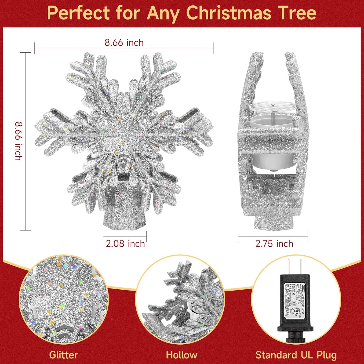 Christmas Tree Topper Lighted with Built-in LED Rotating Snowflake Projector, 3D Hollow Glitter Silver Snowflake Tree Topper for Xmas Party Holiday Christmas Decorations