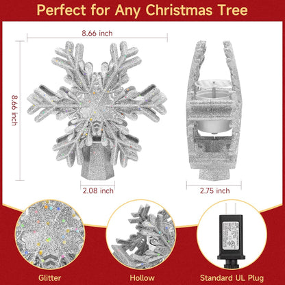 Christmas Tree Topper Lighted with Built-in LED Rotating Snowflake Projector, 3D Hollow Glitter Silver Snowflake Tree Topper for Xmas Party Holiday Christmas Decorations