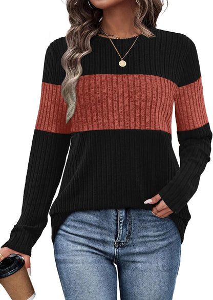 WIHOLL Womens Sweaters Trendy Color Block Tops Long Sleeve Shirts Fall Outfits Early Fall Fashion 2025 Winter Clothing