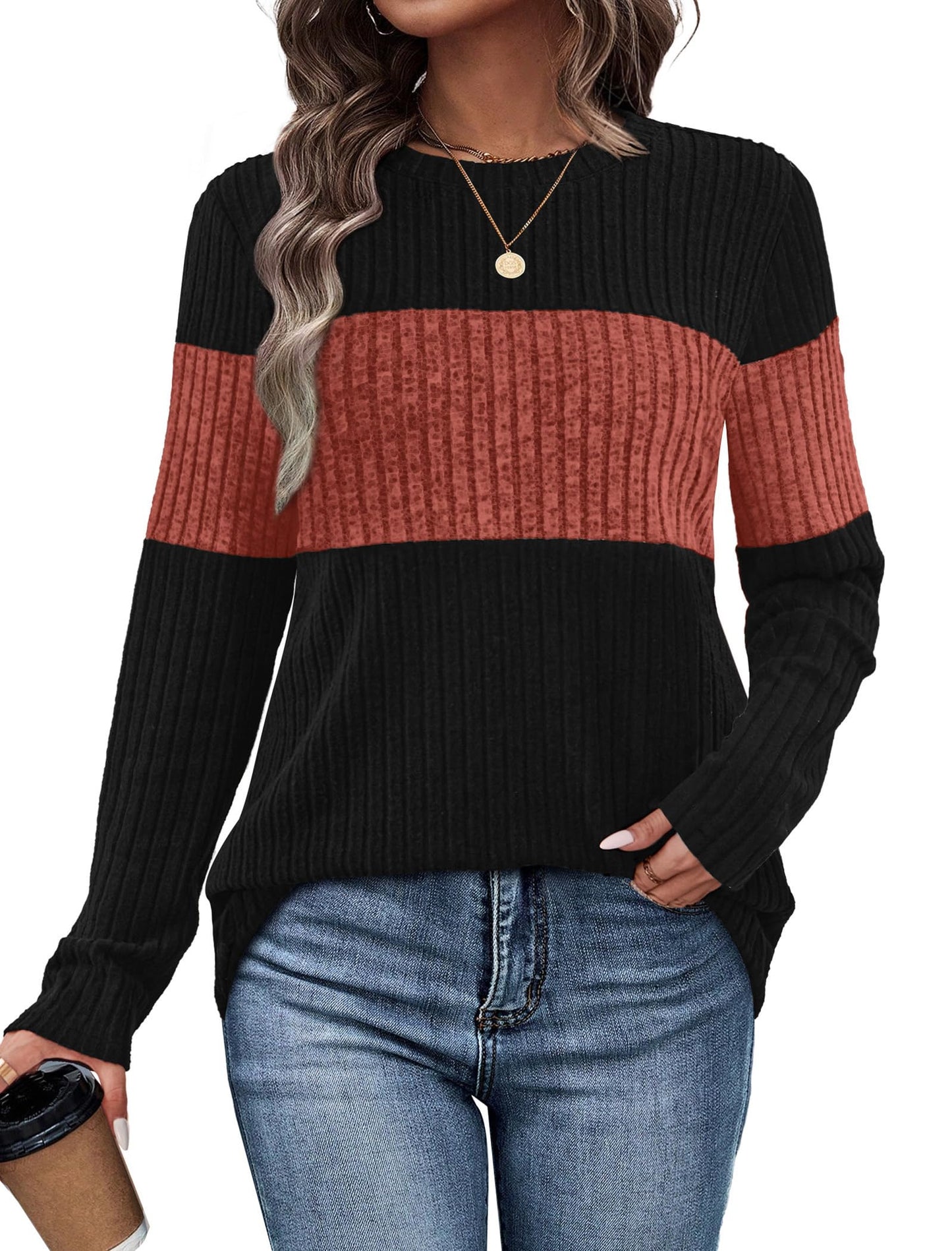 WIHOLL Womens Sweaters Trendy Color Block Tops Long Sleeve Shirts Fall Outfits Early Fall Fashion 2025 Winter Clothing