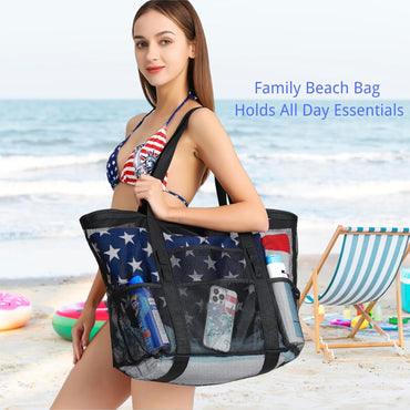 F-color Mesh Beach Bag Family - 9 Pockets Large Beach Tote for Cruise Vacation Essentials