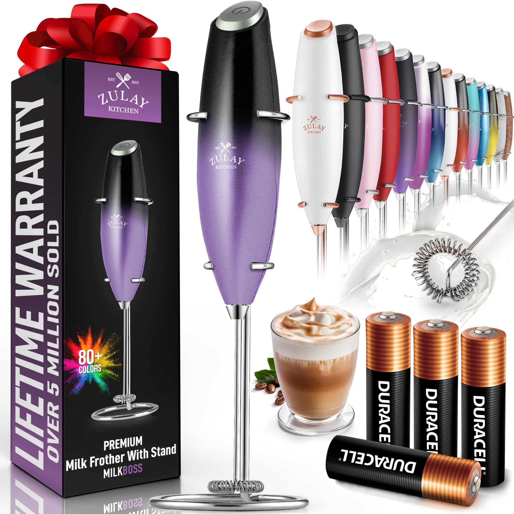 Zulay Kitchen Powerful Milk Frother Wand With 2 Duracell Batteries - Ultra Fast Handheld Drink Mixer - Electric Whisk Foam Maker for Coffee, Lattes, Cappuccino, Matcha, Hot Chocolate & Creamer - Black
