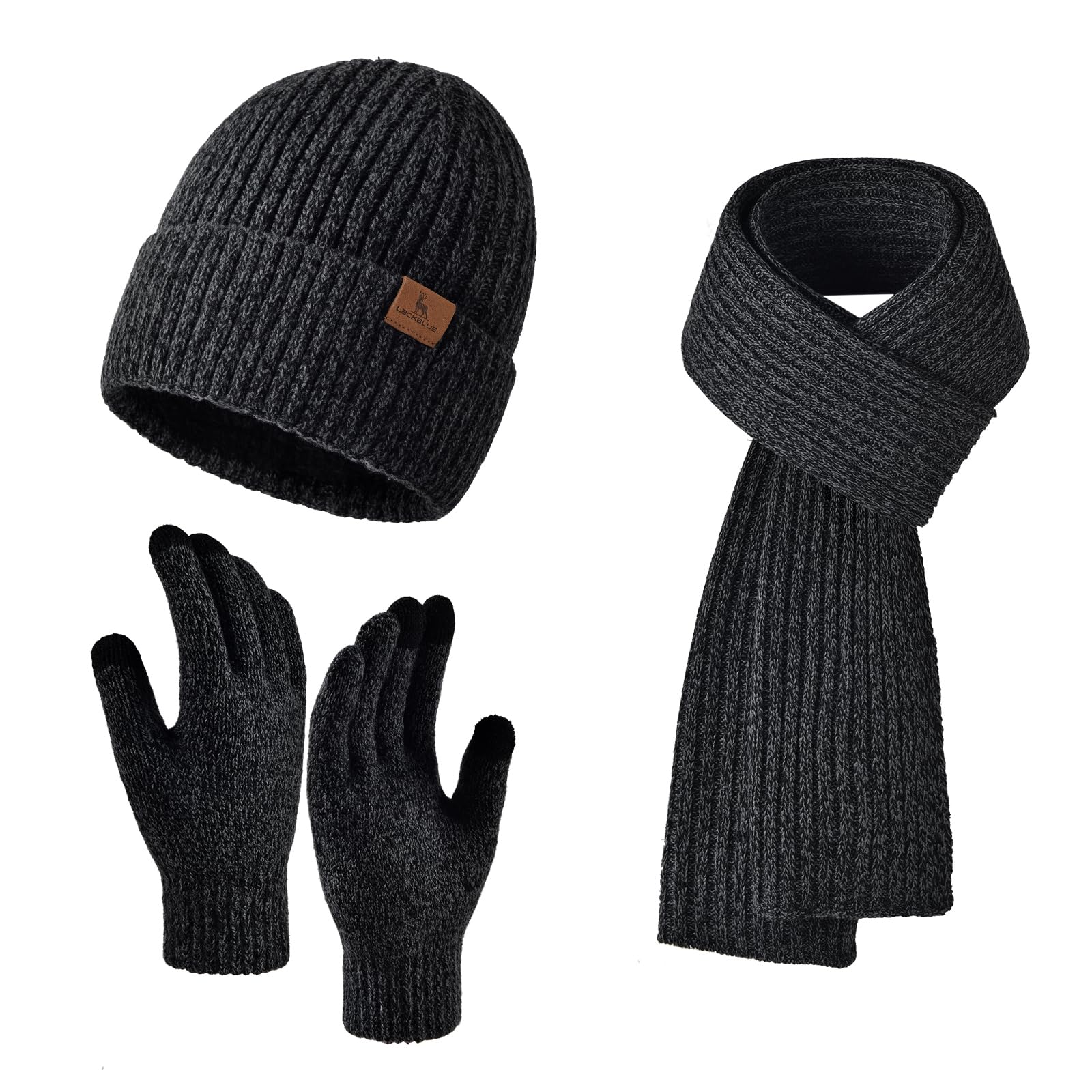 Men Women Winter Beanie Hats Scarf with Touchscreen Gloves Warm Knit Themal Gloves Long Scarf Set with Fleece Lined