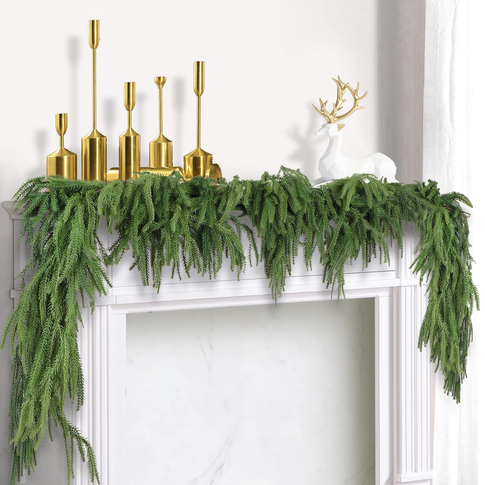 4 Pack Christmas Norfolk Pine Garlands 6FT, Real Touch Artificial Greenery Garland – Full Evergreen Pine Garland for Mantle, Fireplace, Table, Wall, Stairs & Outdoor Holiday Décor