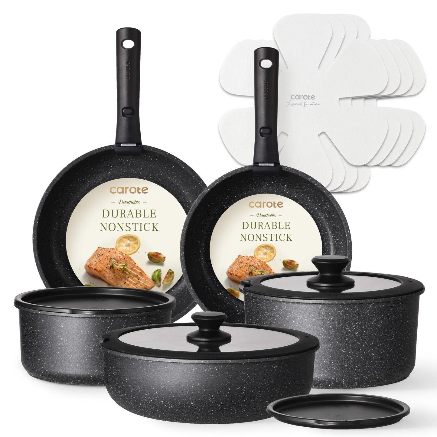 CAROTE Pots and Pans Set Non Stick, 15pcs Cookware Sets, Dishwasher/Oven/Fridge Safe, Kitchen Set, Space Saving Pots Set, Nonstick Set with Versatile Detachable Handle, Induction RV Set