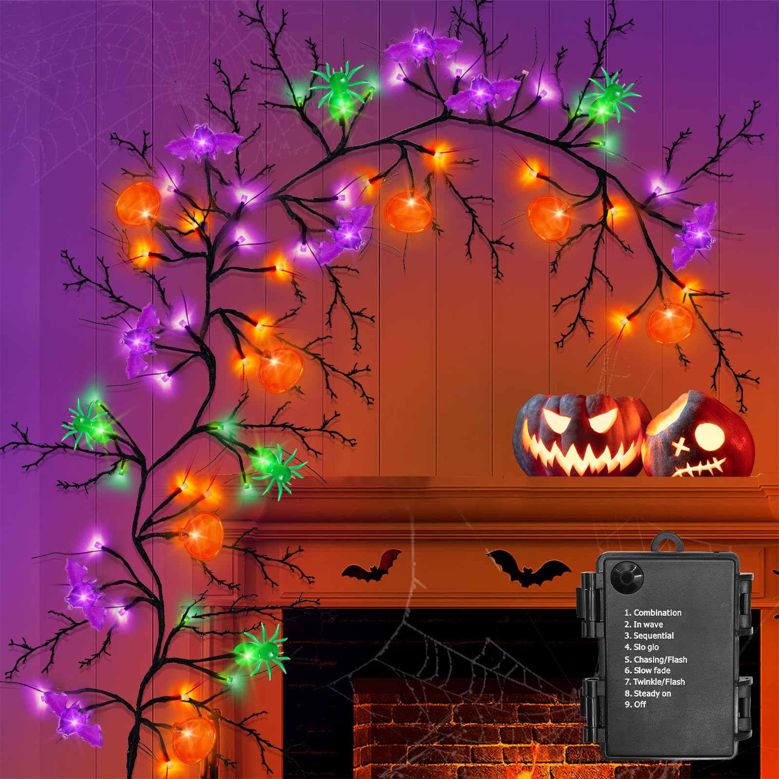 9 FT 72 LED Halloween Decorations Willow Vine Twig Decor with Orange Purple Lights and Dead Branches Black Leaves -Battery Operated 8 Modes for Indoor Wall Fireplace Halloween Decorations