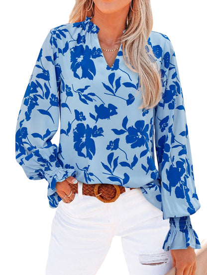MASCOMODA Womens V Neck Floral Long Sleeve Tops 2025 Summer Casual Loose Puff Sleeve Chiffon Boho Work Blouse Dressy T Shirts