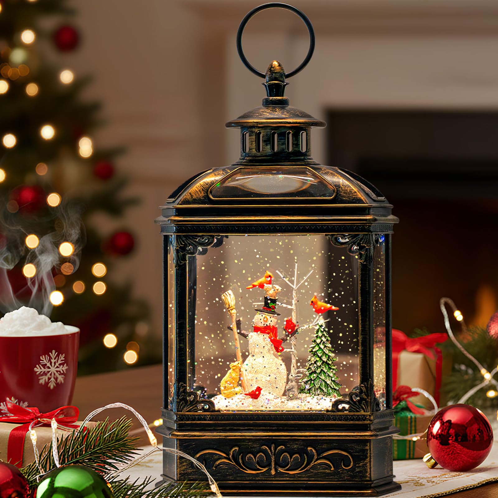Christmas Snow Globes Christmas Water Lantern with Snowy Train Snowman, Music & 6H Timer, USB Lined/Battery Operated Lighted Lanterns for Xmas Festival Decoration Gifts