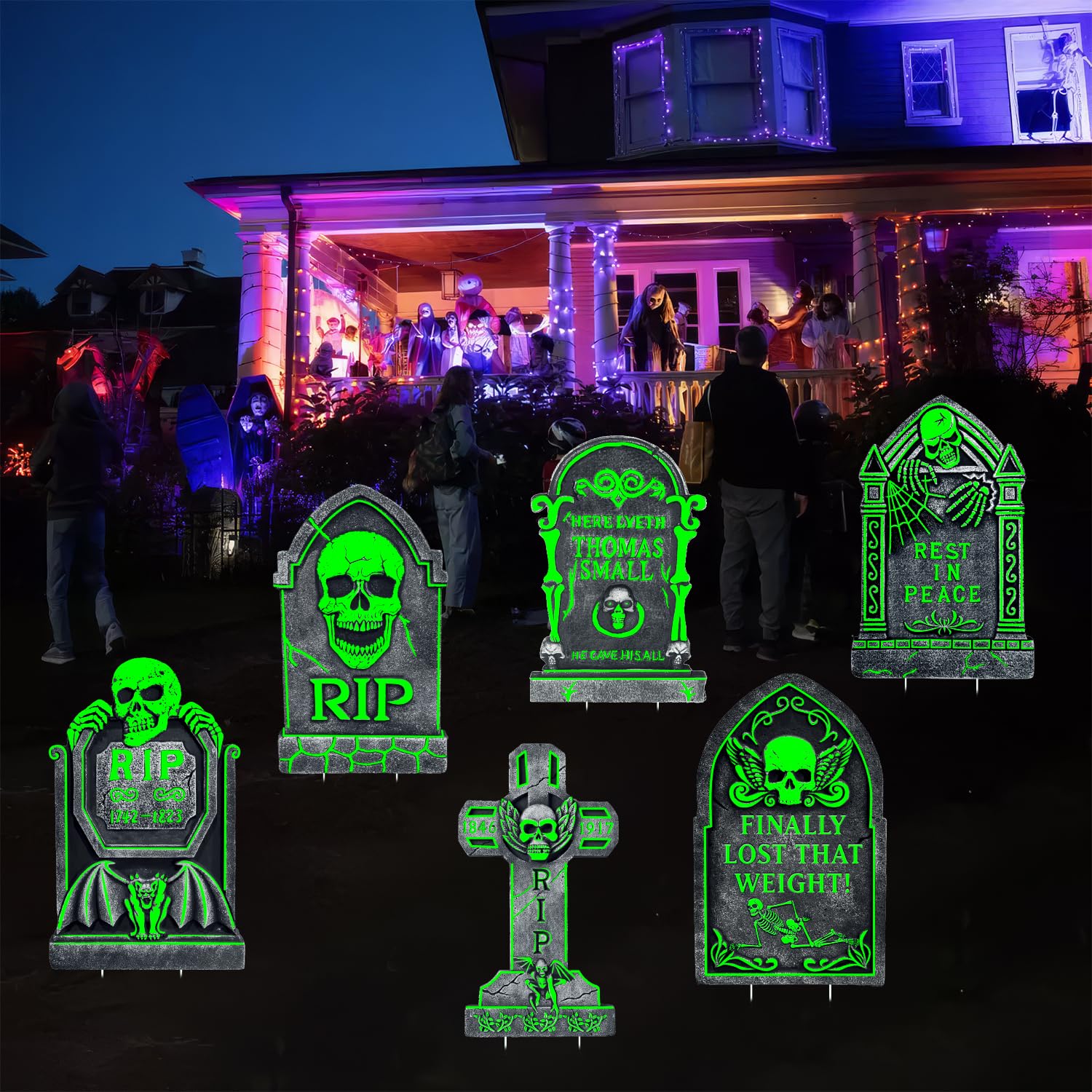6 Pack Light Up Halloween Tombstones Decoration, 16.5"x11" Spooky Graveyard Decor for Outdoor Yard Parties, Waterproof Plastic Grave Markers with 12 Stakes for Cemetery Lawn Displays