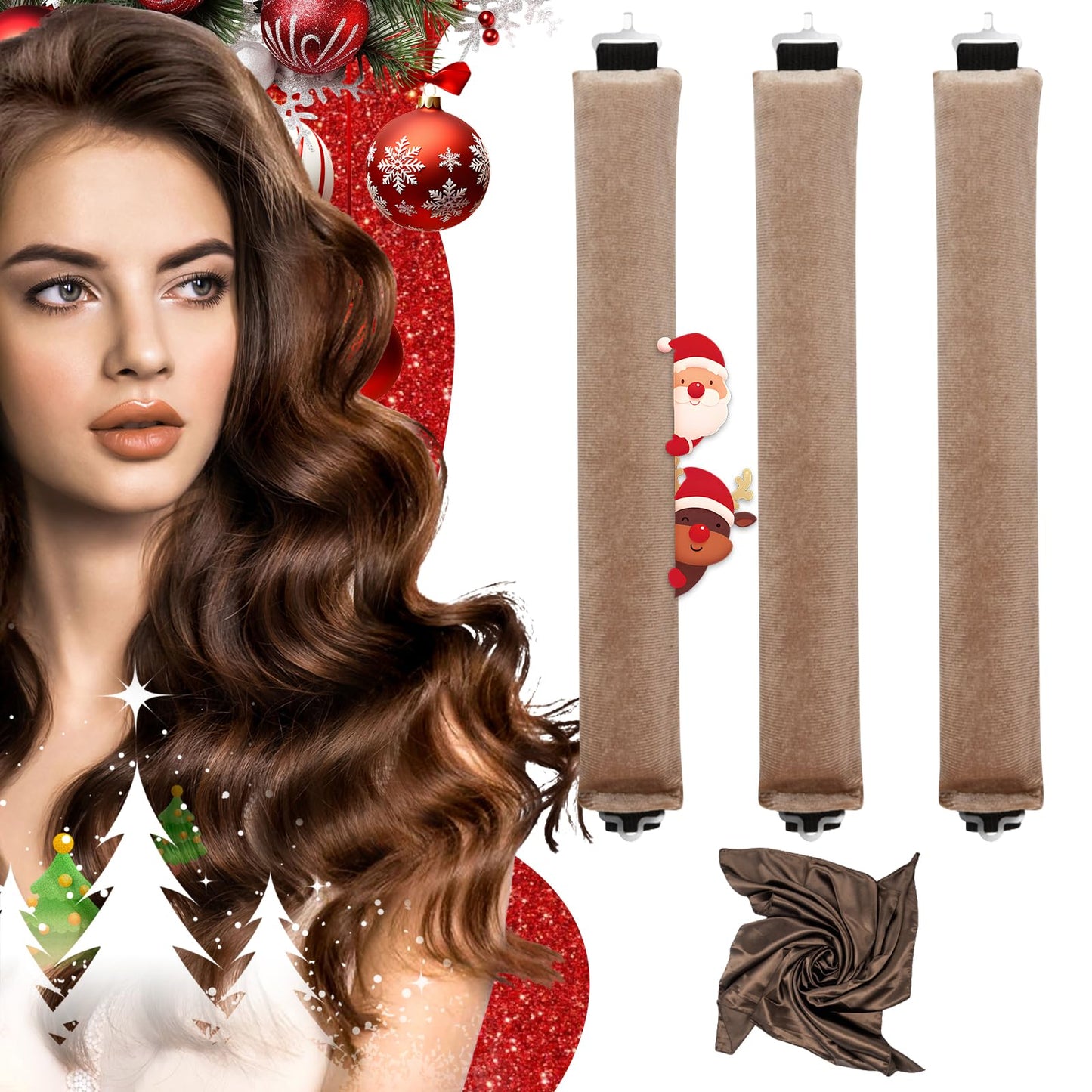 Heatless Curlers, Heatless Curls Overnight Set for Women, Soft Hair Curlers to Sleep In, Jumbo No Heat Hair Curlers Set with Headscarf and Hook for Long Hair (DarkBrown, 4 Packs)
