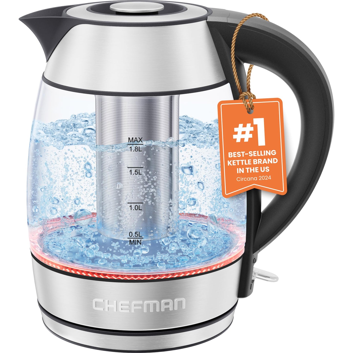 Chefman Electric Kettle, 1.8L 1500W, Hot Water Boiler, Removable Lid for Easy Cleaning, Auto Shut Off, Boil-Dry Protection, Stainless Steel Filter, BPA Free, Borosilicate Glass Electric Tea Kettle