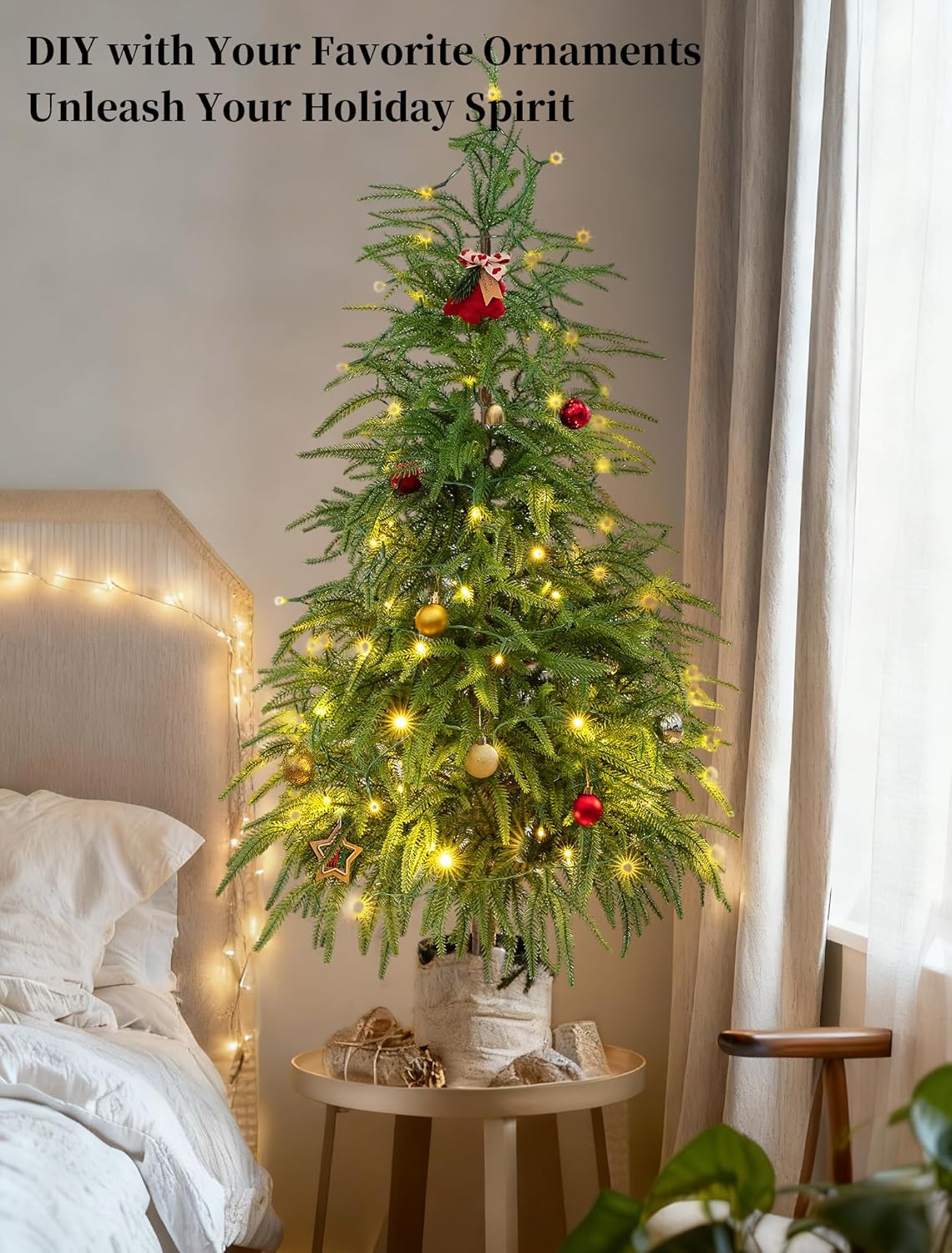 BLOSMON Outdoor Christmas Trees for Porch: 4 Ft Norfolk Pine Tree with 100 LED Lights Remote Control Timer 8 Lighting Modes - Small Artificial Cypress Trees Indoor Table Top Decor