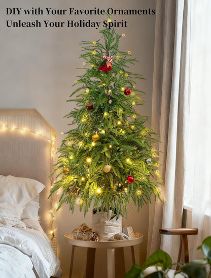 BLOSMON Outdoor Christmas Trees for Porch: 4 Ft Norfolk Pine Tree with 100 LED Lights Remote Control Timer 8 Lighting Modes - Small Artificial Cypress Trees Indoor Table Top Decor